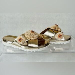 Nine West Metallic Gold Sandals, with straw & sequins embellishment. Sz 9, NWOB